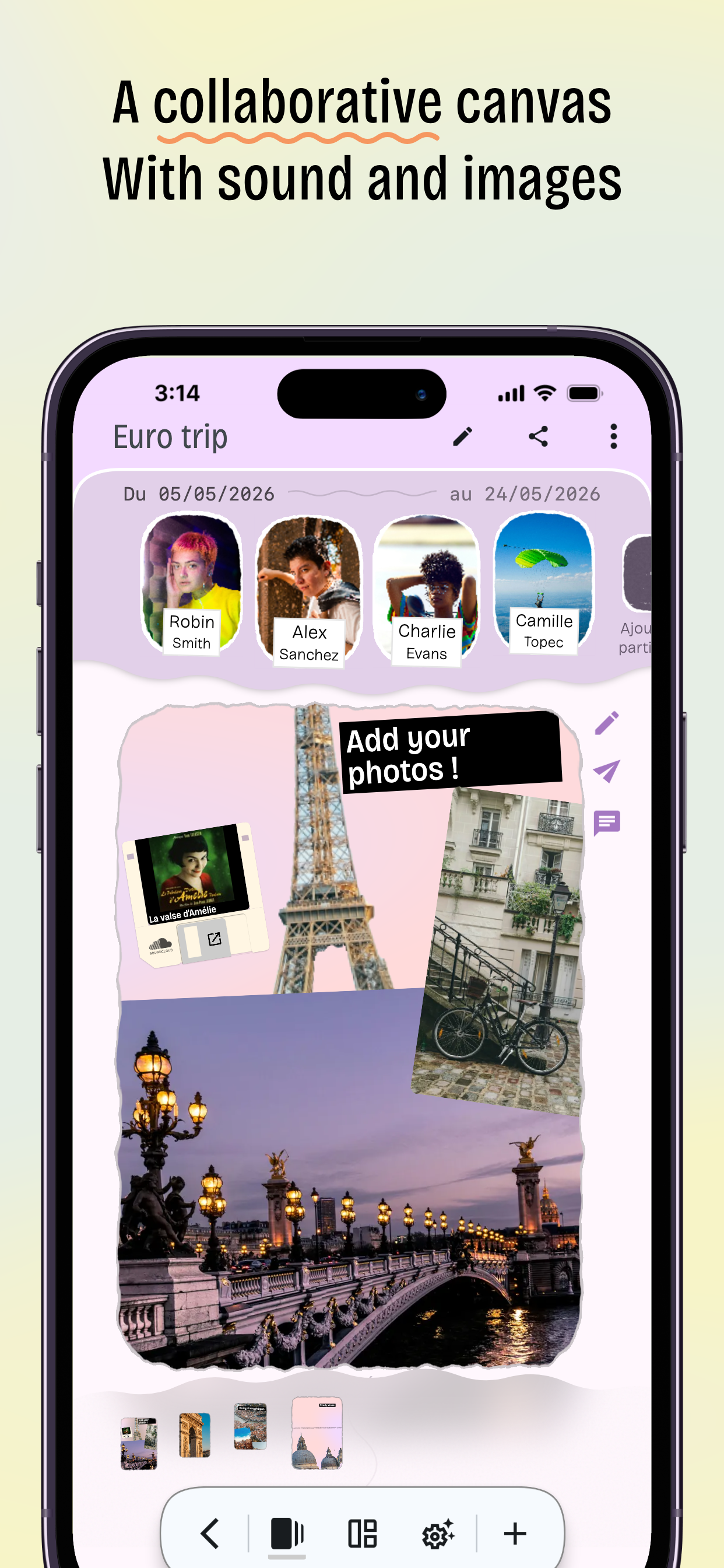 A screenshot of the Diena app showing a canvas view with photos and notes.