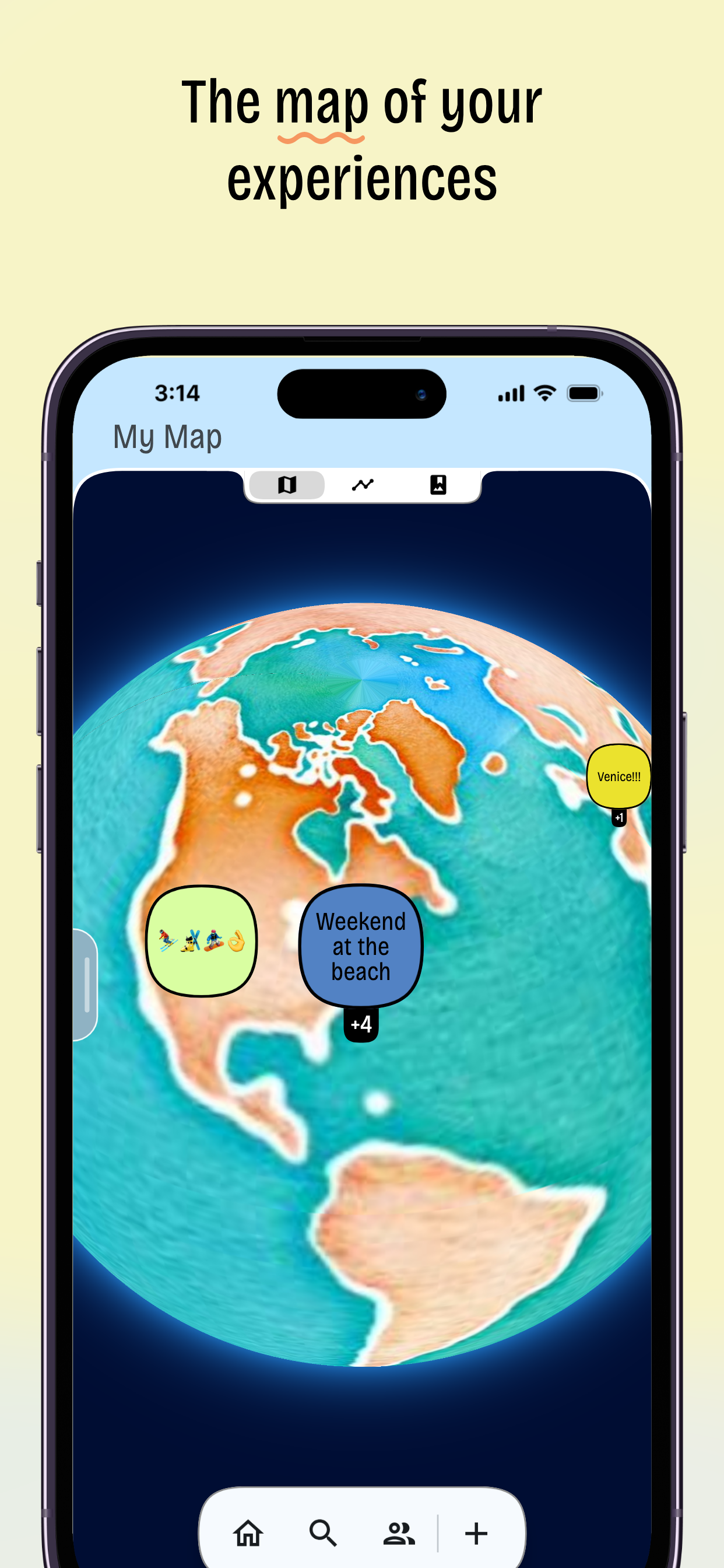 A screenshot of the Diena app showing a map view with events and photos from multiple contributors.