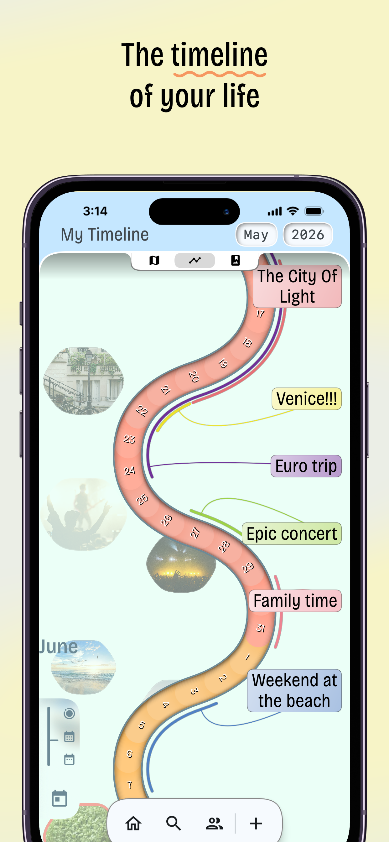 A screenshot of the Diena app showing a week view of a timeline with events and photos.