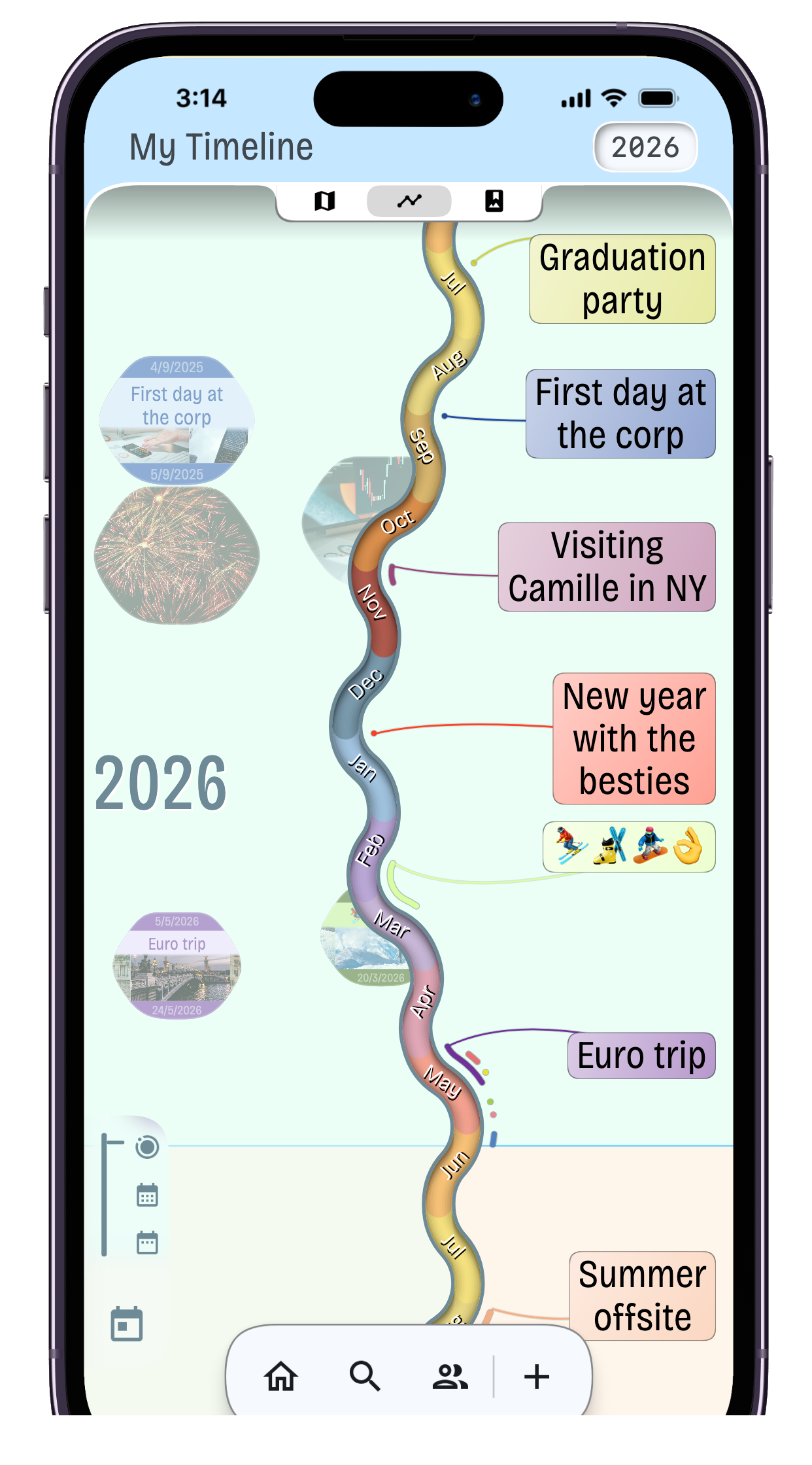 A screenshot of the Diena app showing a year view of a timeline with events and photos.